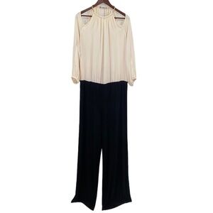 Cache Jumpsuit Womens Size XL Cream Black Cold Shoulder Pleated Chain Neck Relax